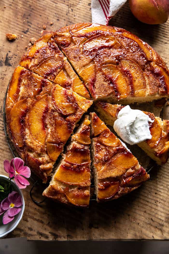 Skillet Cinnamon Sugar Peach Upside Down Cake | halfbakedharvest.com