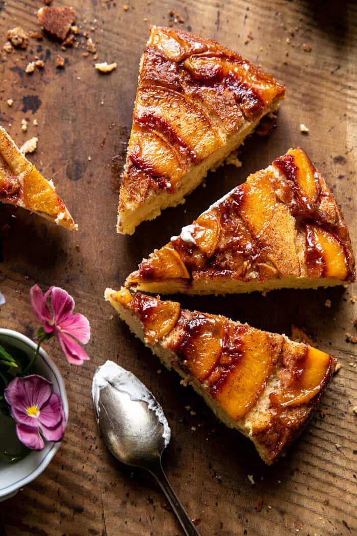 overhead close up photo of Skillet Cinnamon Sugar Peach Upside Down Cake slices