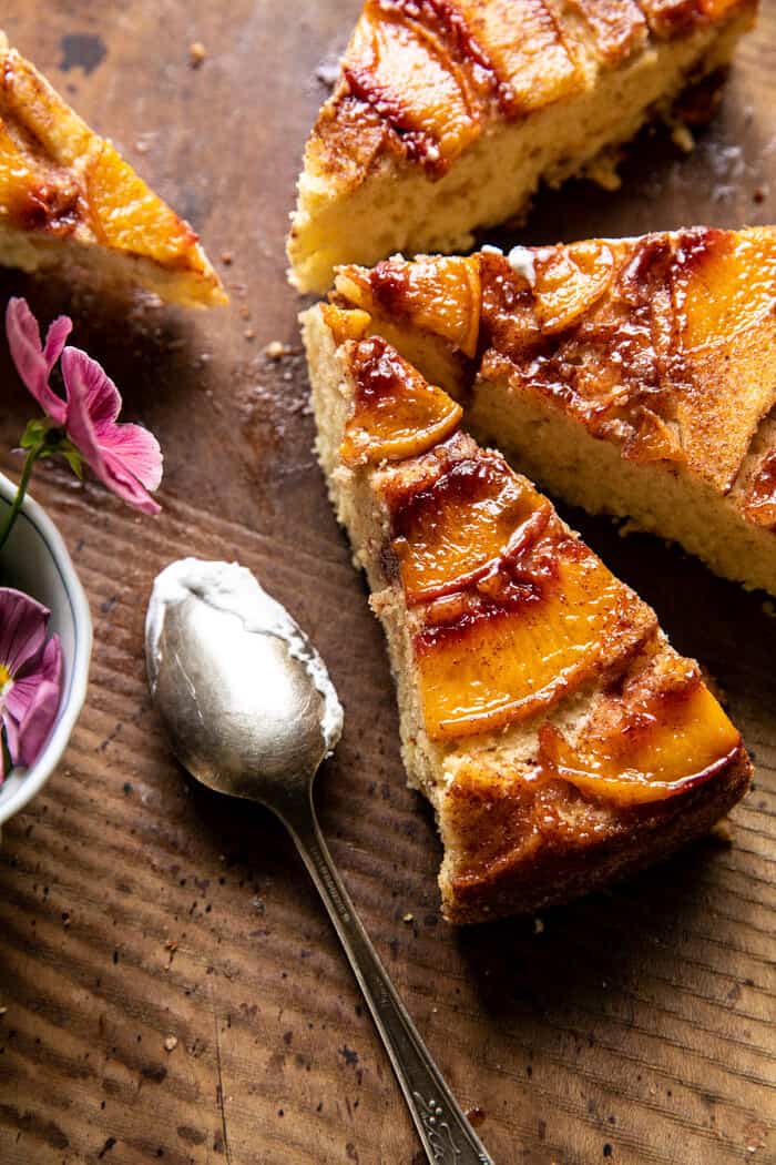 overhead close up photo of Skillet Cinnamon Sugar Peach Upside Down Cake slices