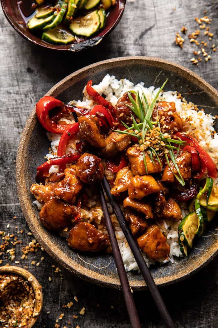 overhead close up photo of Weeknight Sesame Teriyaki Chicken with Ginger Rice 