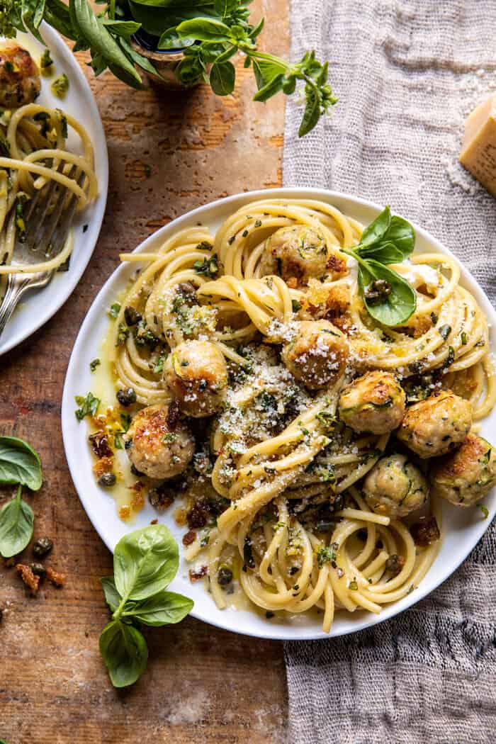 overhead photo of Zucchini Parmesan Chicken Meatballs with Lemon Pasta Carbonara 