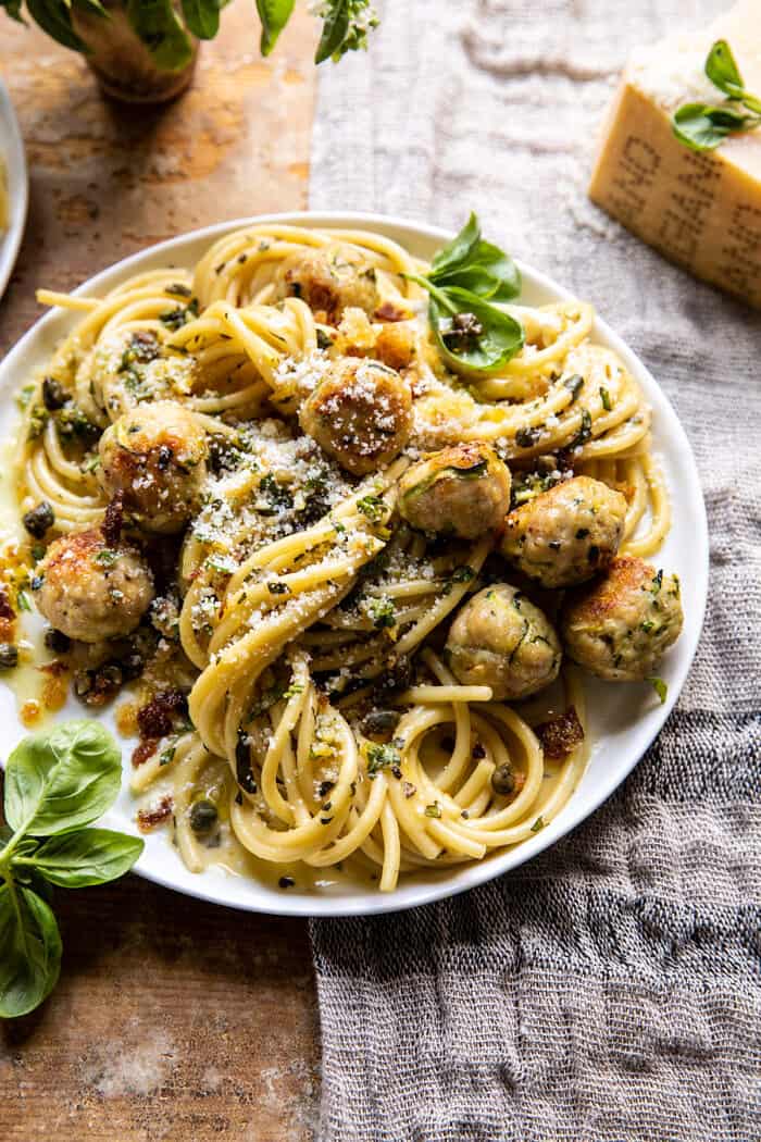 side angled photo of Zucchini Parmesan Chicken Meatballs with Lemon Pasta Carbonara