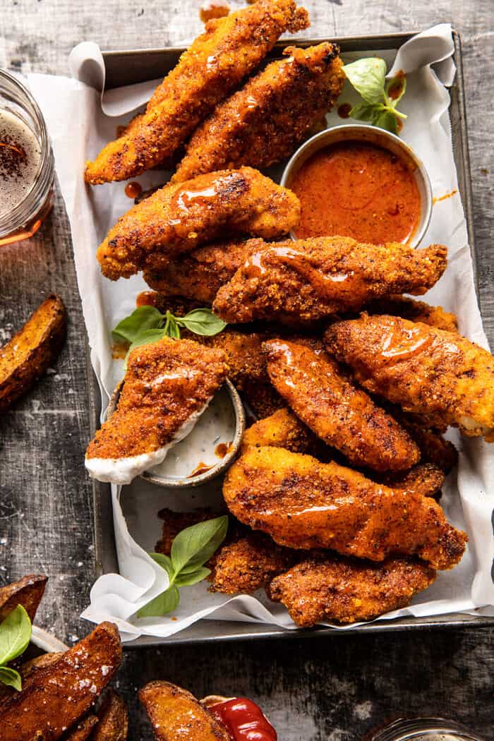 overhead photo of Black Pepper Rub Chicken Fingers with Greek Yogurt Ranch 