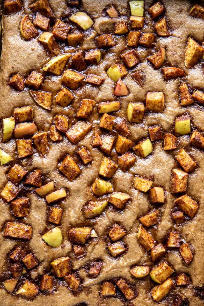 overhead close up prep photo of Brown Butter Apple Blondies after baking