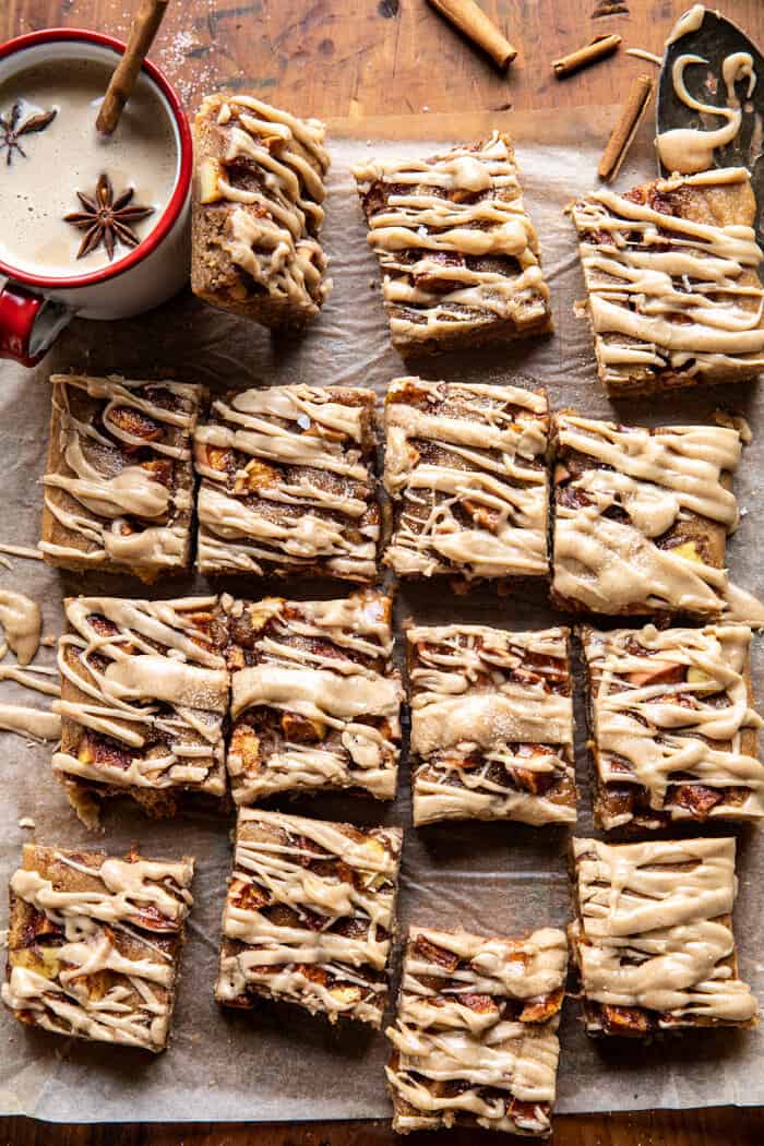 overhead photo of Brown Butter Apple Blondies with Cinnamon Maple Glaze