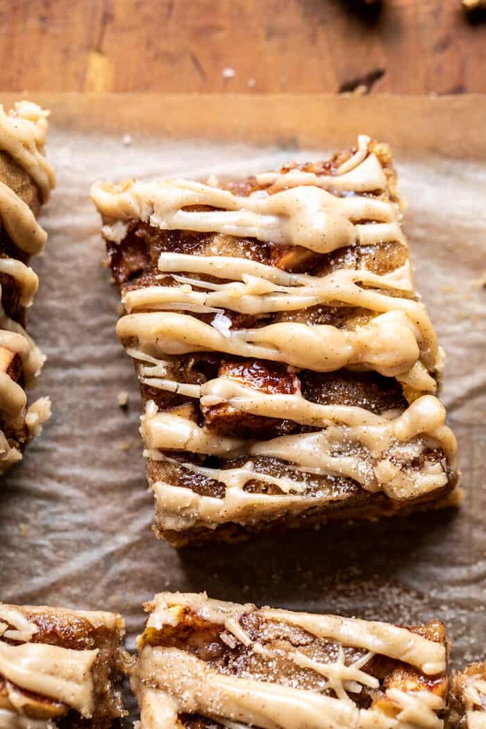 overhead close up photo of Brown Butter Apple Blondies with Cinnamon Maple Glaze 