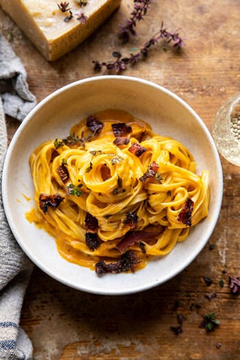 Butternut Squash Pasta Carbonara with Rosemary Bacon.