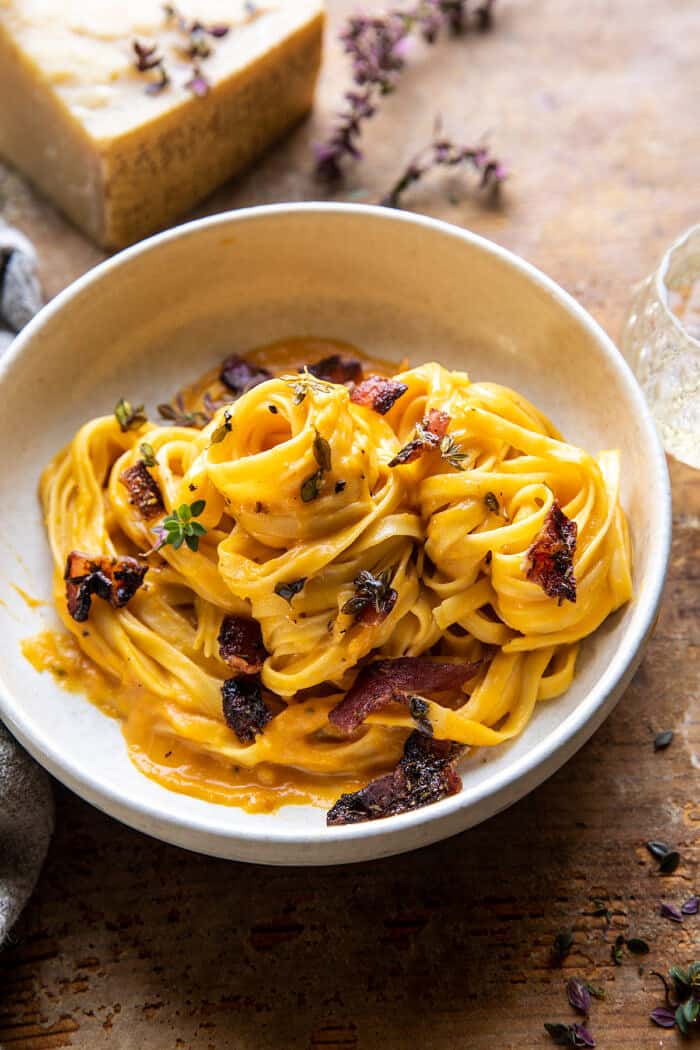 side angled close up photo of Butternut Squash Pasta Carbonara with Rosemary Bacon