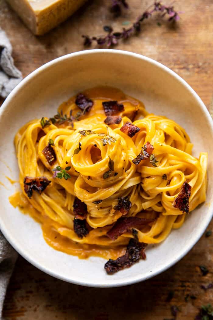 overhead close up photo of Butternut Squash Pasta Carbonara with Rosemary Bacon