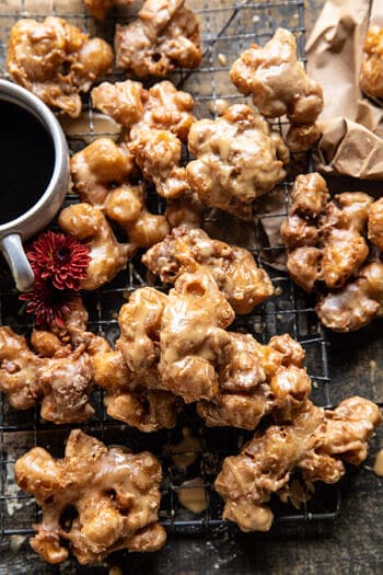 Cinnamon Spiced Apple Fritters with Vanilla Coffee Glaze.