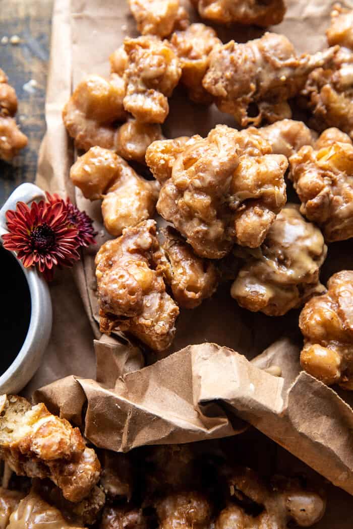 overhead close up photo of Cinnamon Spiced Apple Fritters with Vanilla Coffee Glaze