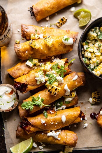 Crockpot BBQ Beer Chicken Taquitos with Street Corn Salsa.