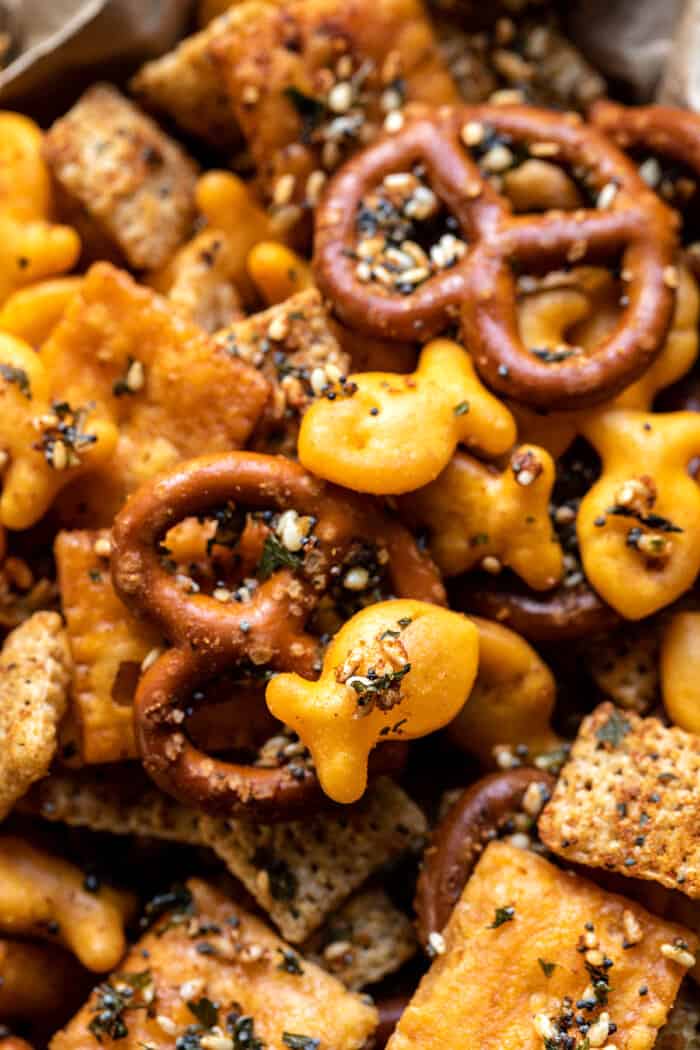 overhead close up photo of Everything Ranch Cheese and Pretzel Snack Mix