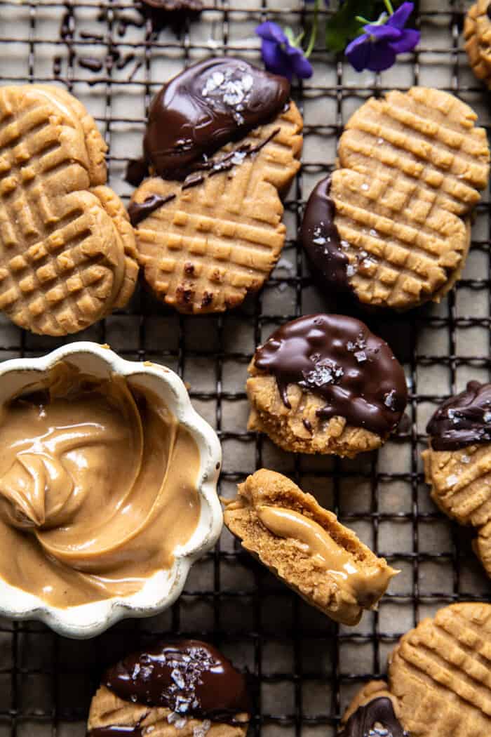 overhead photo of Healthier Homemade Nutter Butter Cookies with bite taken out of cookie