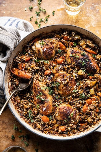 One Pot Lemon Rosemary Dijon Chicken and Butter Toasted Rice Pilaf.