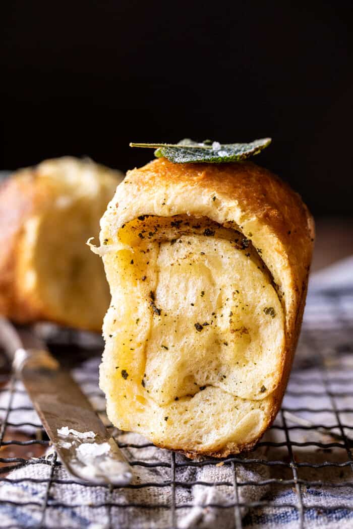side angle close up photo of Pull Apart Parmesan Sage Butter Brioche Rolls 