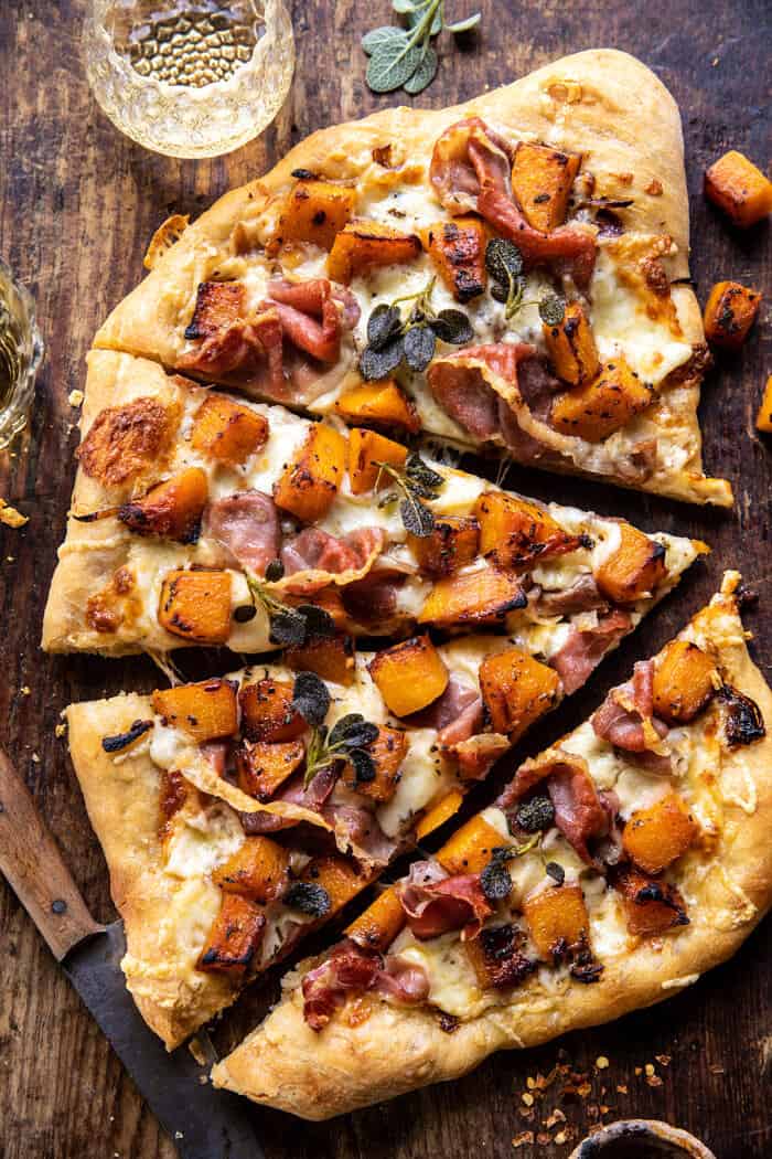 overhead photo of Roasted Butternut Squash Prosciutto Pizza with Caramelized Onions