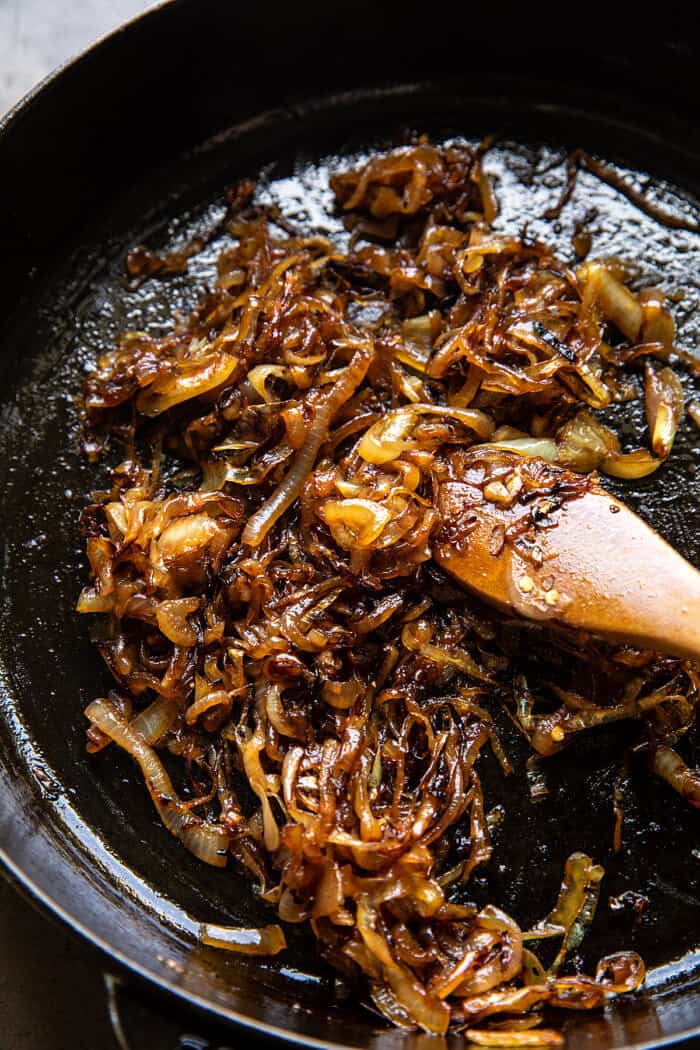 overhead prep photo of Caramelized Onions in skillet