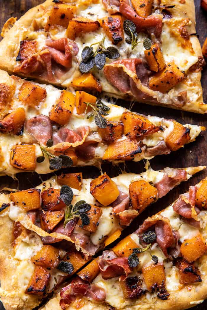 overhead close up photo of Roasted Butternut Squash Prosciutto Pizza with Caramelized Onions 