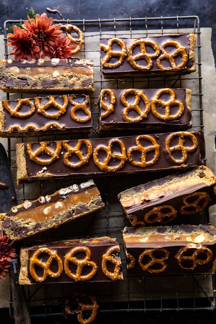 overhead photo of Salted Pretzel Chocolate Chip Cookie Snickers Bars