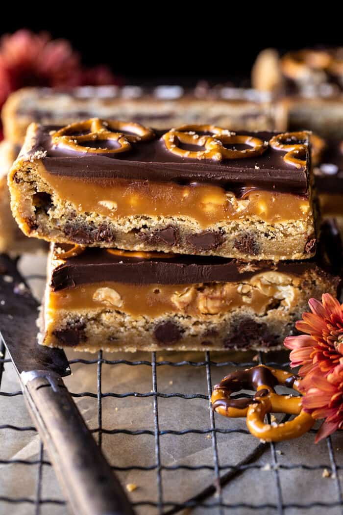 side angled photo of Salted Pretzel Chocolate Chip Cookie Snickers Bars