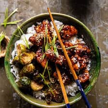 Sheet Pan Sticky Ginger Sesame Chicken and Crispy Brussels Sprouts.