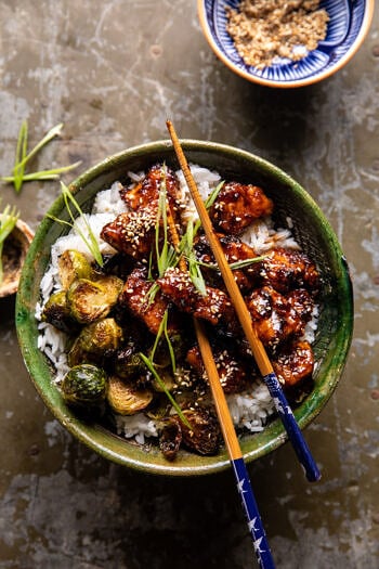 Sheet Pan Sticky Ginger Sesame Chicken and Crispy Brussels Sprouts.