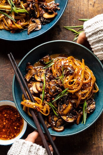 30 Minute Saucy Ginger Sesame Noodles with Caramelized Mushrooms.