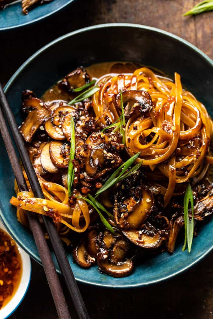 overhead close up photo of 30 Minute Saucy Ginger Sesame Noodles with Caramelized Mushrooms 