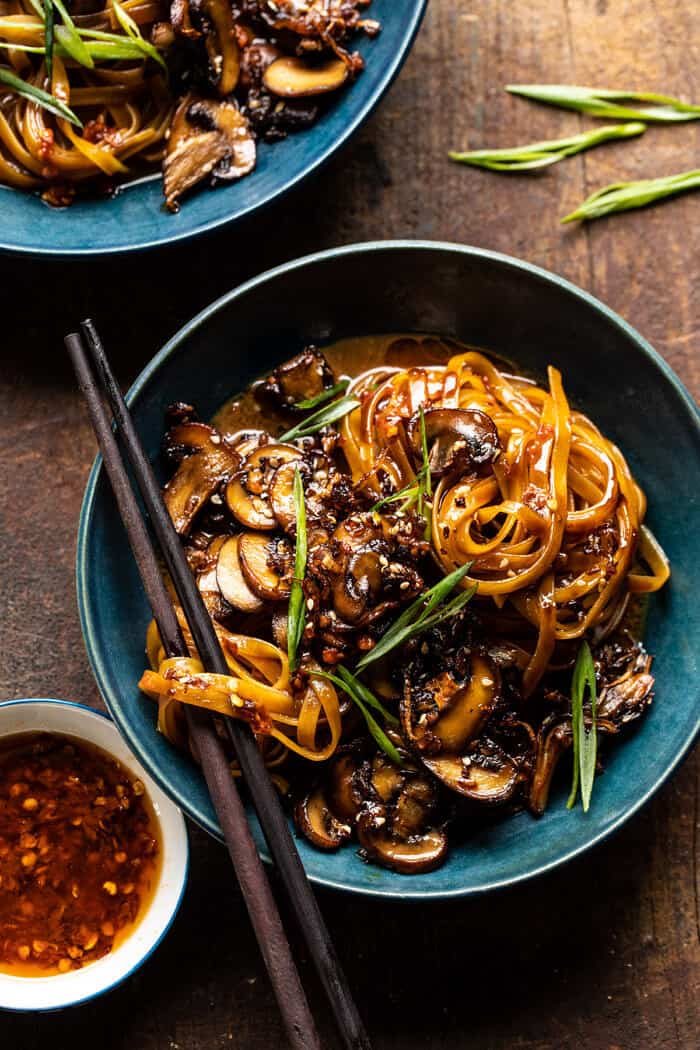overhead photo of 30 Minute Saucy Ginger Sesame Noodles with Caramelized Mushrooms