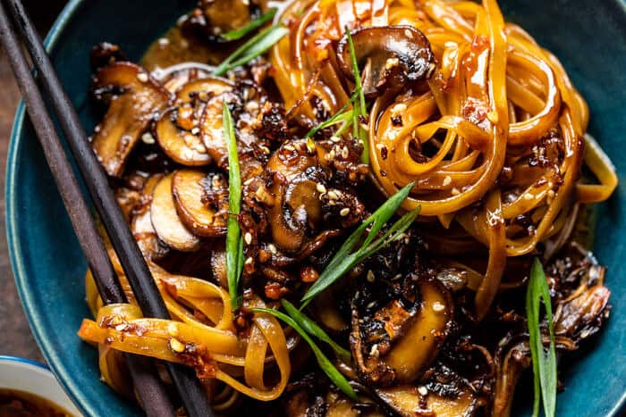overhead horizontal photo of 30 Minute Saucy Ginger Sesame Noodles with Caramelized Mushrooms 
