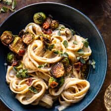 Brown Butter Brussels Sprout and Bacon Fettuccine Alfredo.