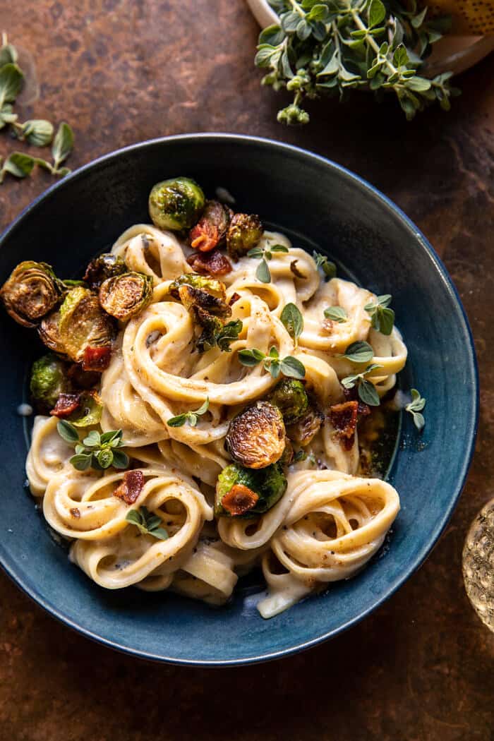 overhead photo of Brown Butter Brussels Sprout and Bacon Fettuccine Alfredo