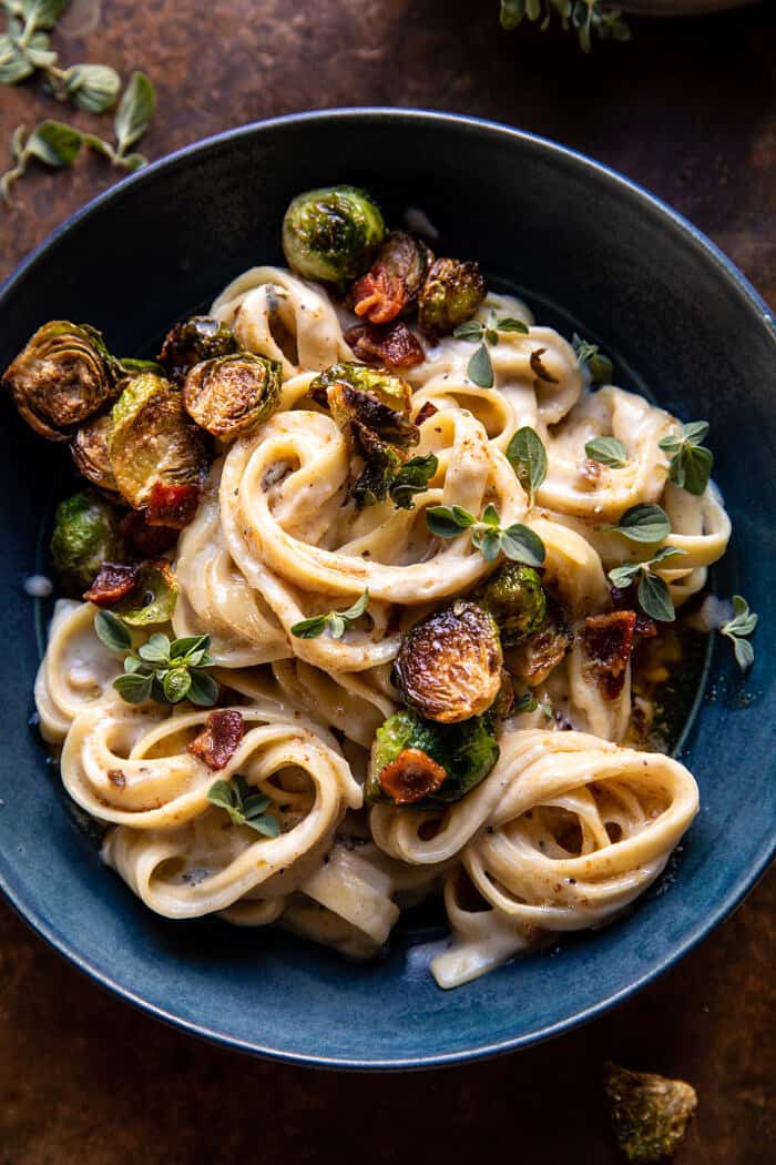 overhead close up photo of Brown Butter Brussels Sprout and Bacon Fettuccine Alfredo