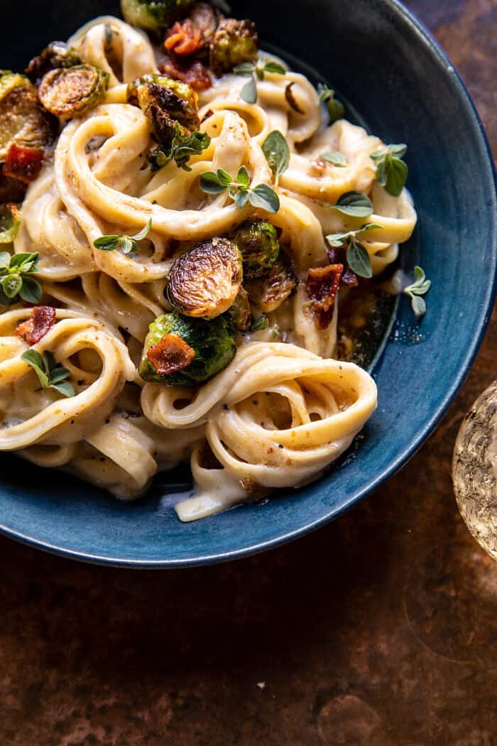 overhead close up photo of Brown Butter Brussels Sprout and Bacon Fettuccine Alfredo