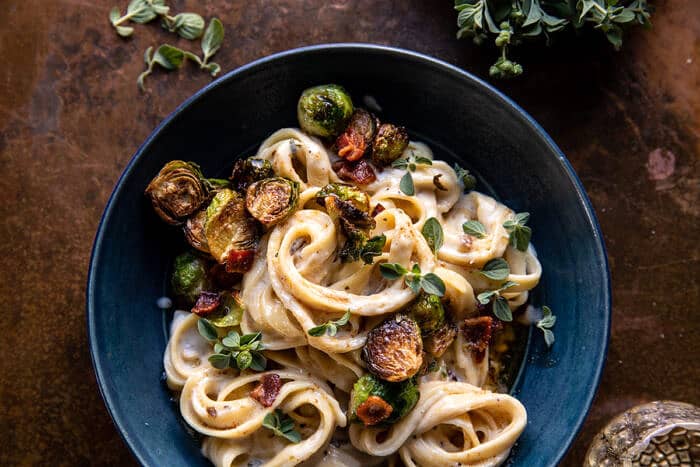overhead horizontal photo of Brown Butter Brussels Sprout and Bacon Fettuccine Alfredo 