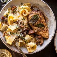 Browned Sage Butter Chicken Piccata with Mushroom Pasta.