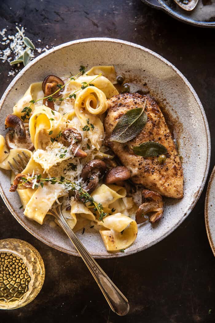 Browned Sage Butter Chicken Piccata with Mushroom Pasta | halfbakedharvest.com