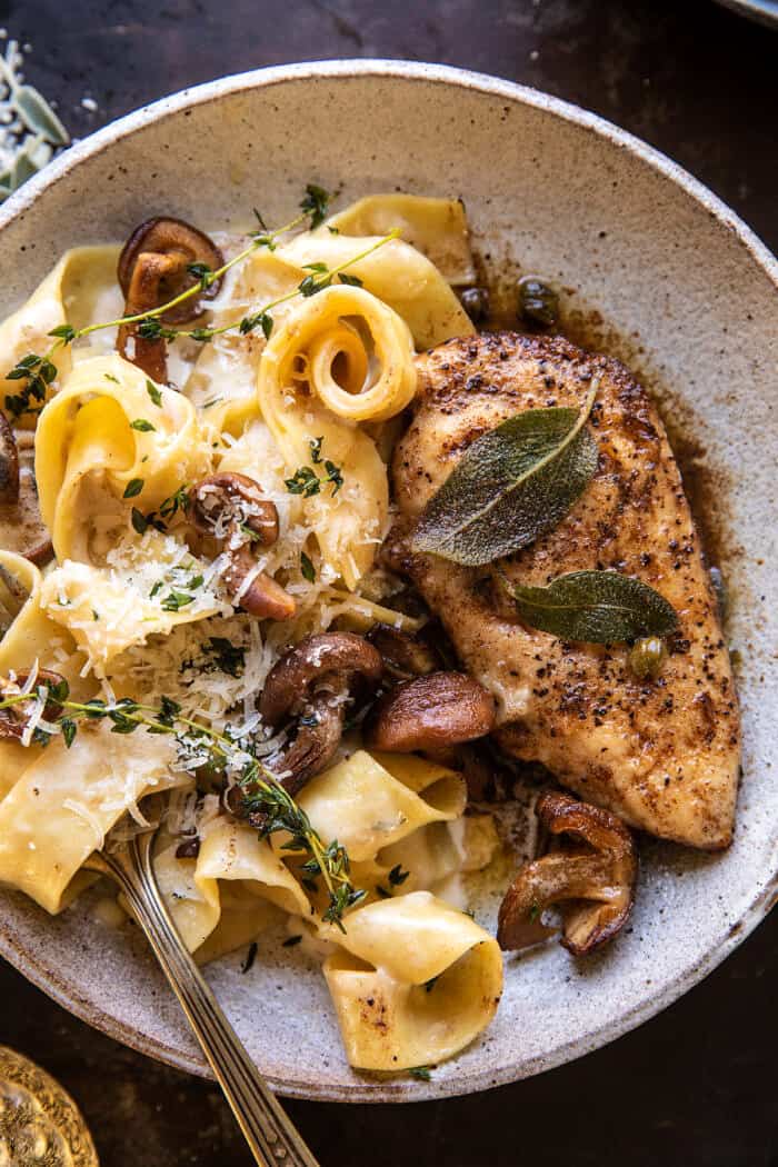 overhead close up photo of Browned Sage Butter Chicken Piccata with Mushroom Pasta