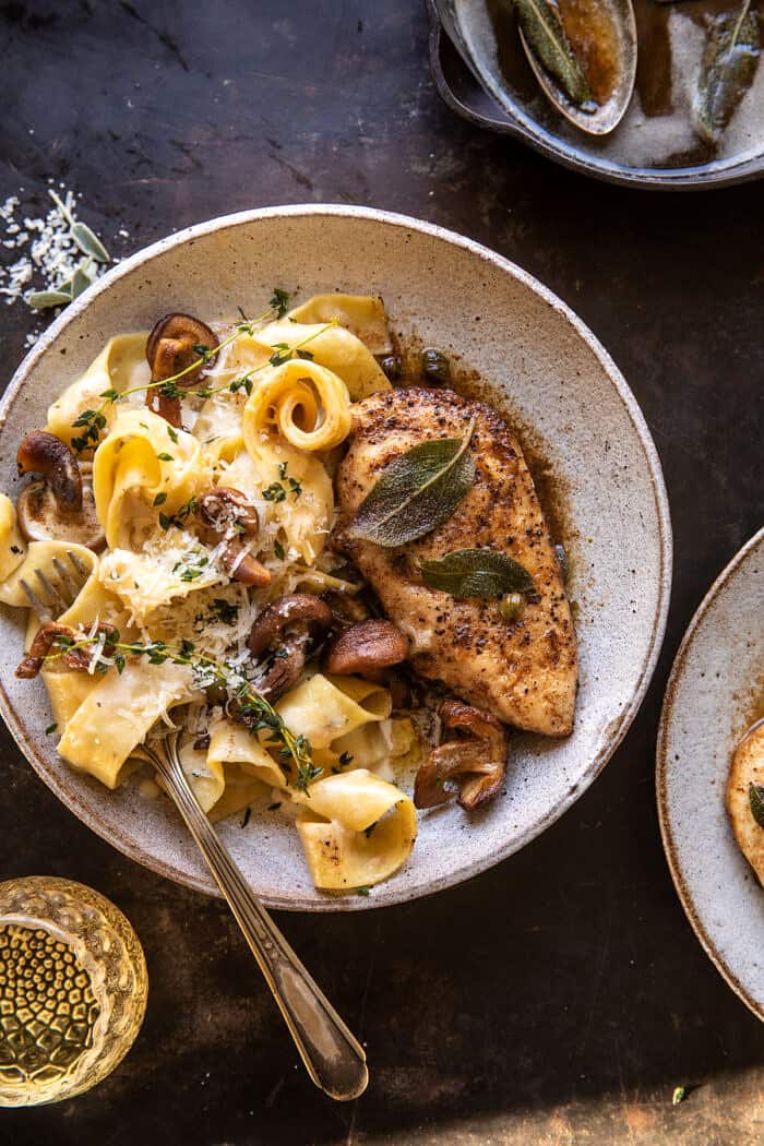 overhead photo of Browned Sage Butter Chicken Piccata with Mushroom Pasta