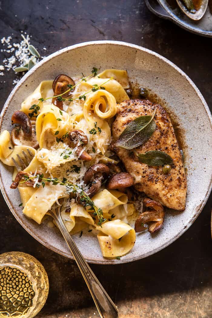 overhead close up of Browned Sage Butter Chicken Piccata with Mushroom Pasta