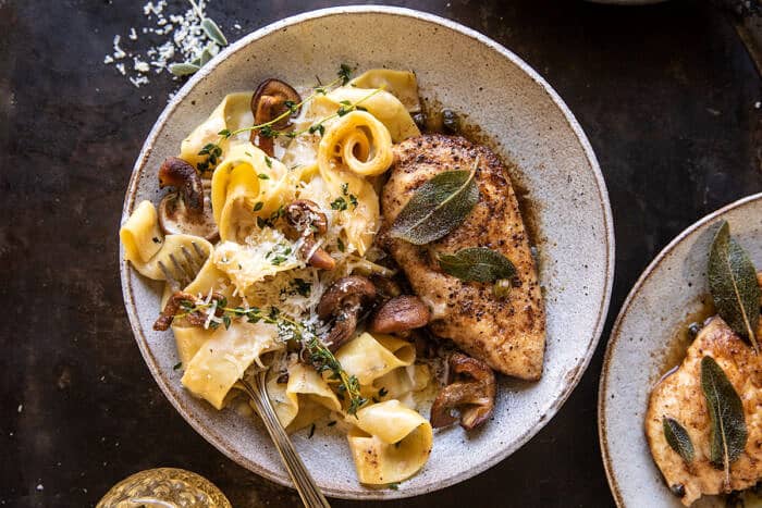 overhead horizontal photo of Browned Sage Butter Chicken Piccata with Mushroom Pasta 