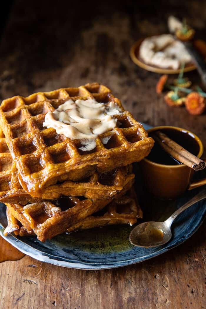 side photo of Cider Pumpkin Waffles with Salted Maple Butter