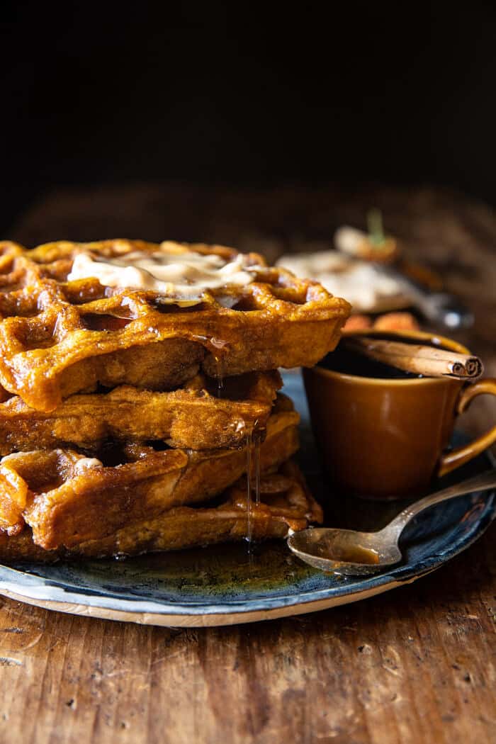 side angled photo of Cider Pumpkin Waffles with Salted Maple Butter