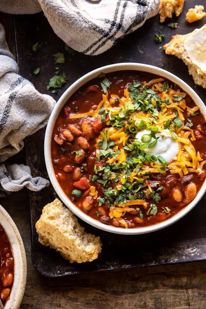 overhead photo of Healthy Slow Cooker Chipotle Bean Chili