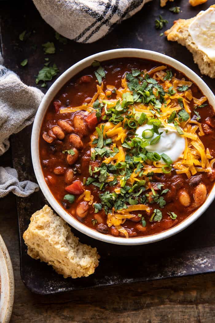 overhead close up photo of Healthy Slow Cooker Chipotle Bean Chili 