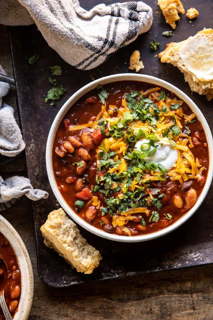 overhead photo of Healthy Slow Cooker Chipotle Bean Chili