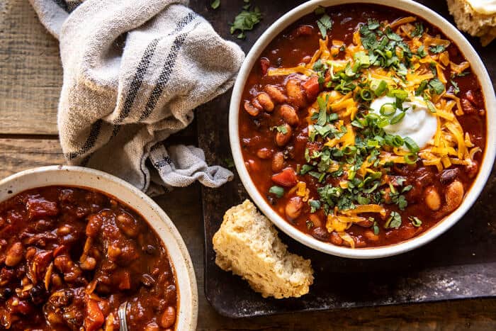 overhead horizontal photo of Healthy Slow Cooker Chipotle Bean Chili 