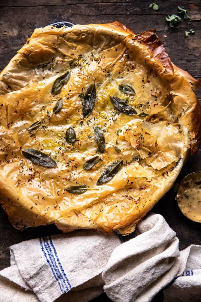 overhead photo of Skillet Chicken Broccoli Pot Pie with Garlic Butter Phyllo Crust