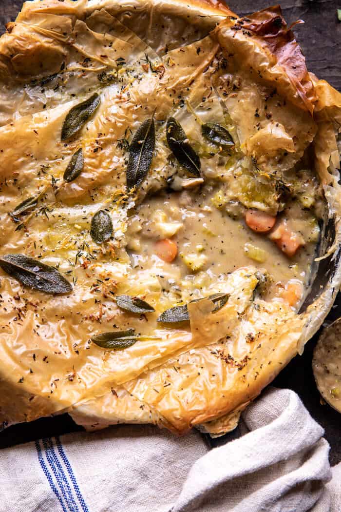 overhead close up photo of Skillet Chicken Broccoli Pot Pie with Garlic Butter Phyllo Crust